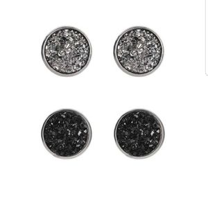 2 Pair Black/Silver Faux Druzy Stud Earrings